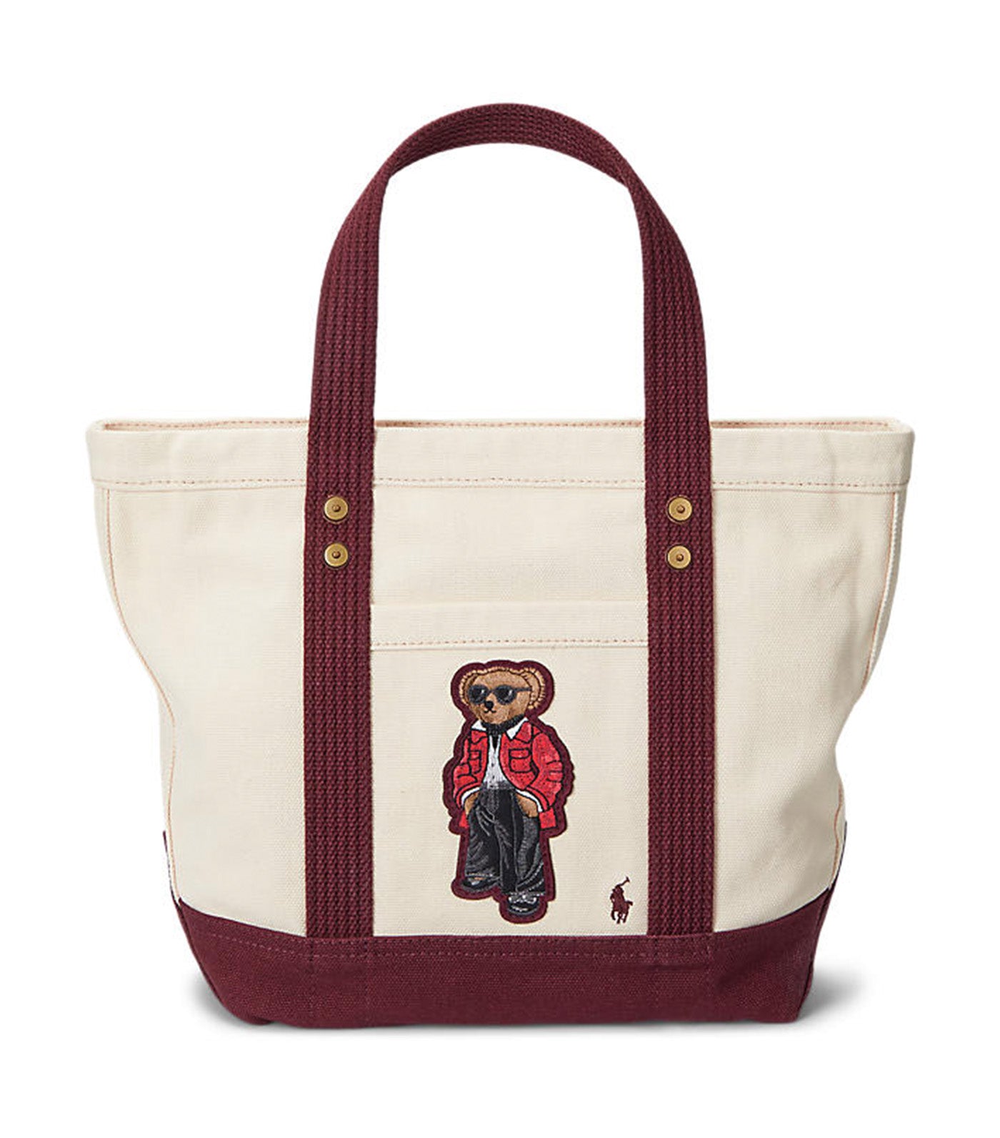 Women s Canvas Small Polo Bear Tote Ecru Deep Burgundy