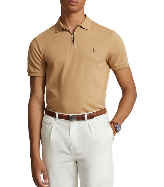 Men's Custom Slim Stretch Mesh Zip Polo Shirt Camel