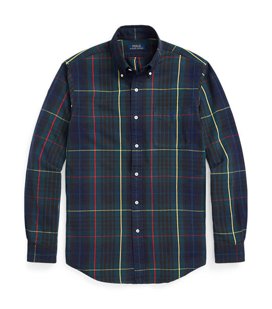 Men's Custom Fit Plaid Oxford Shirt Green Navy Multi