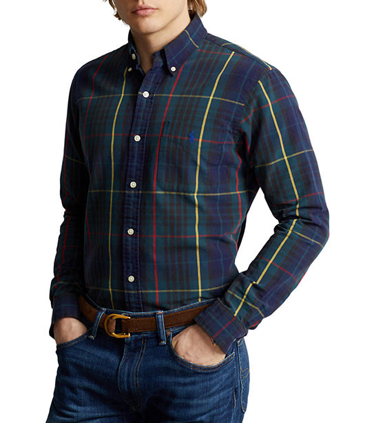 Men's Custom Fit Plaid Oxford Shirt Green Navy Multi