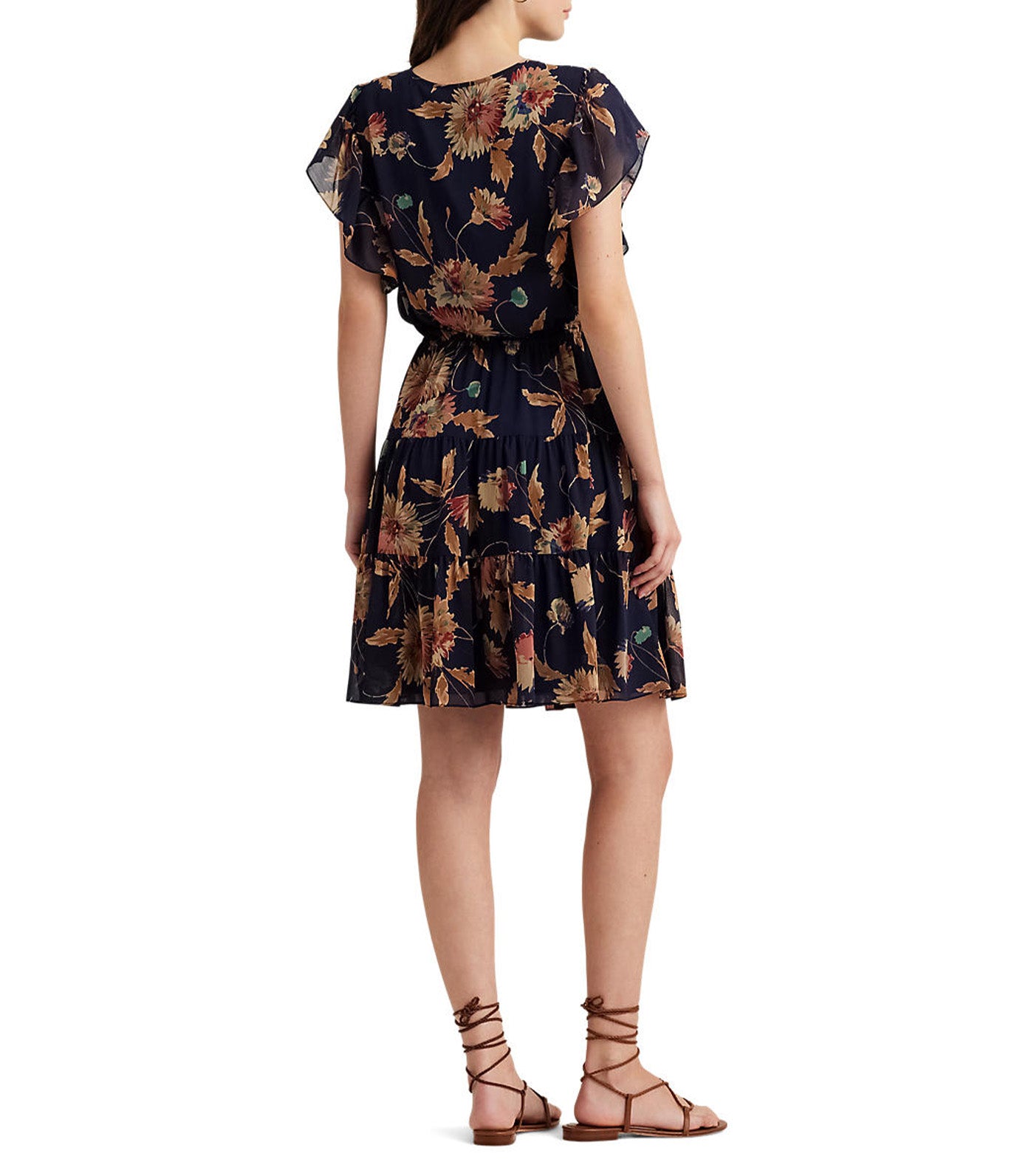 Women's Floral Crinkle Georgette Tie-Neck Dress Navy/Tan/Multi