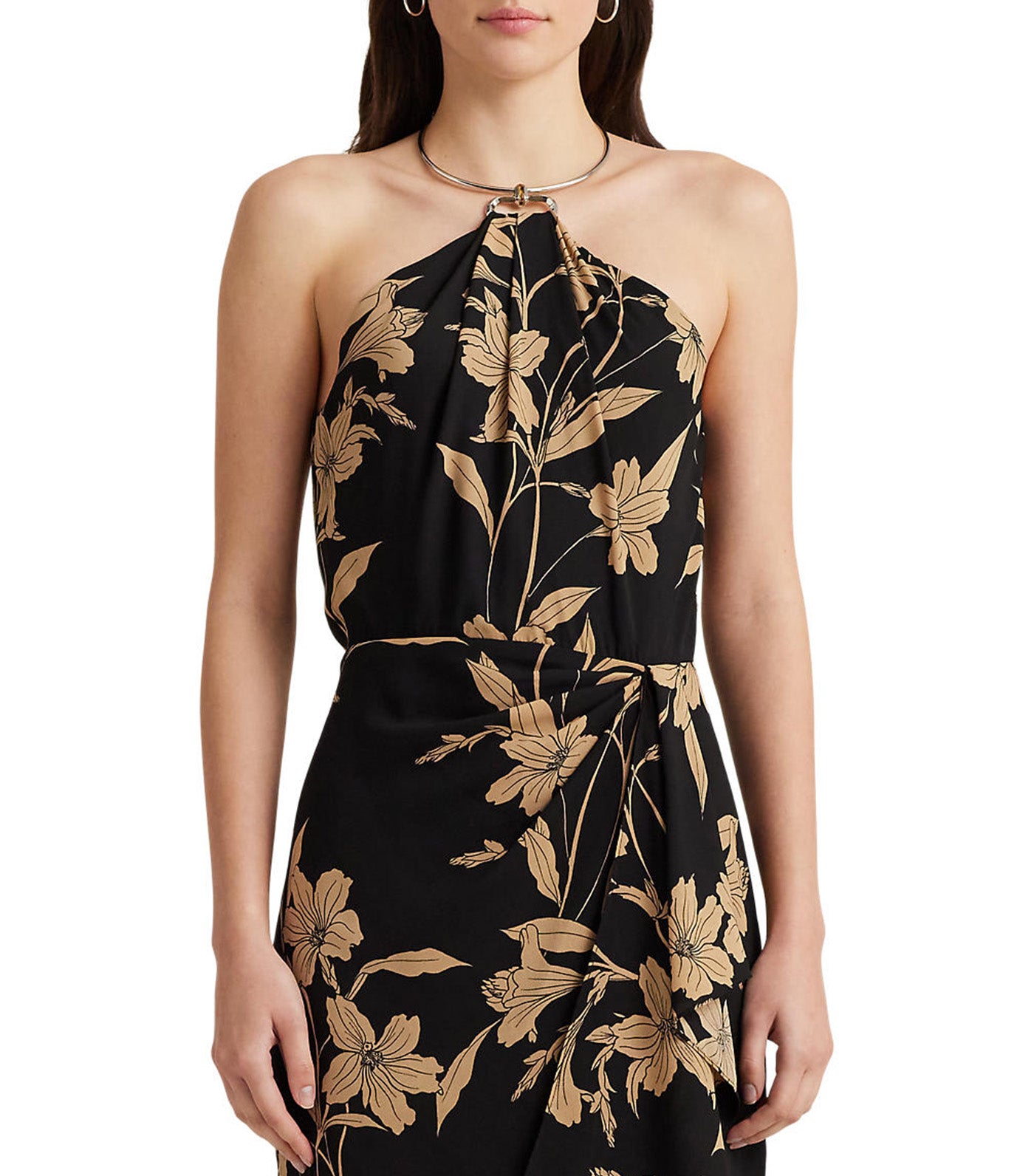 Women's Floral Georgette Halter Dress Black/Tan