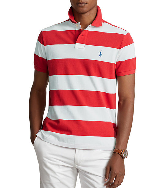 Men's Custom Slim Fit Striped Mesh Polo Shirt Post Red /White