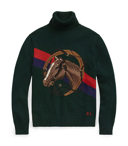 Men's Horsehead Cotton Turtleneck Sweater Hunt Club Green Combo