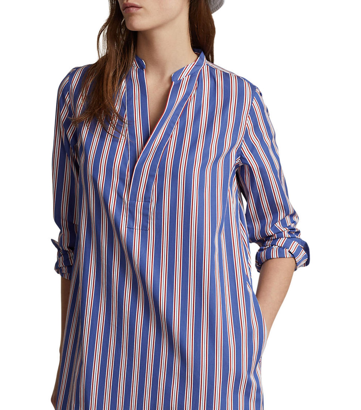Women's Striped Cotton Long-Sleeve Shirtdress Blue/White/Red