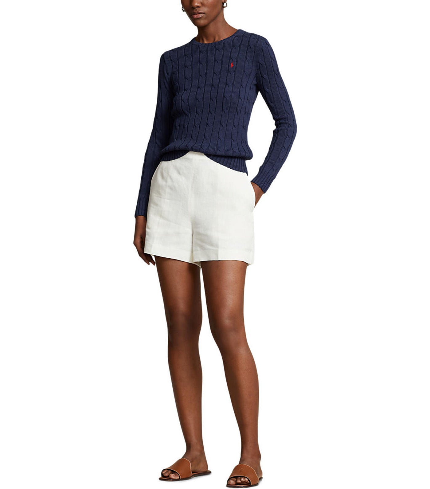 Women's Cable-Knit Cotton Crewneck Sweater Hunter Navy