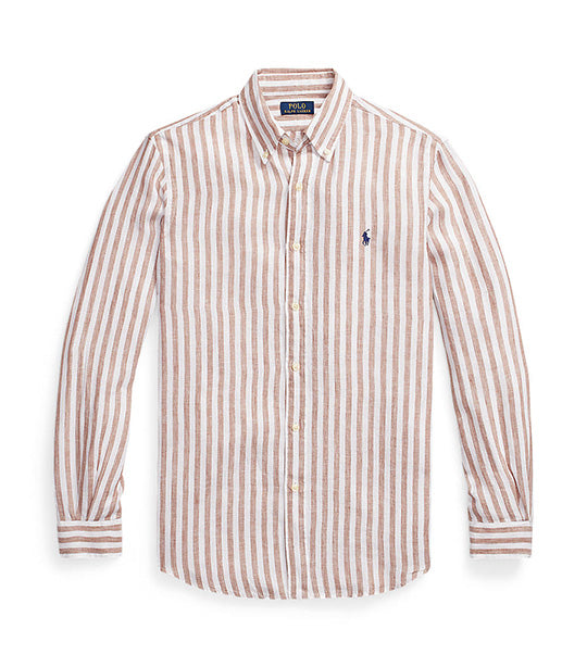 Men's Custom Fit Striped Linen Shirt Khaki/White