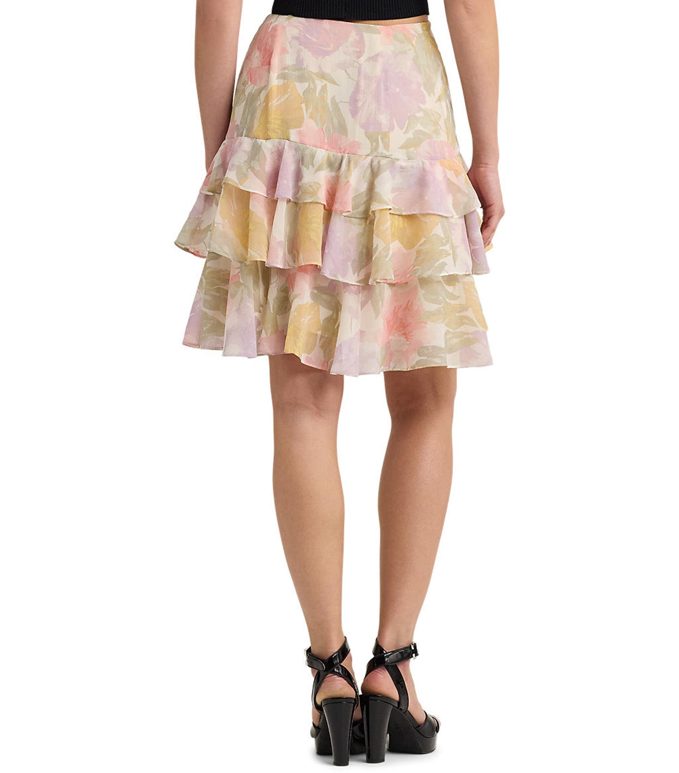 Women's Floral Crinkle Georgette Tiered Skirt Cream Multi