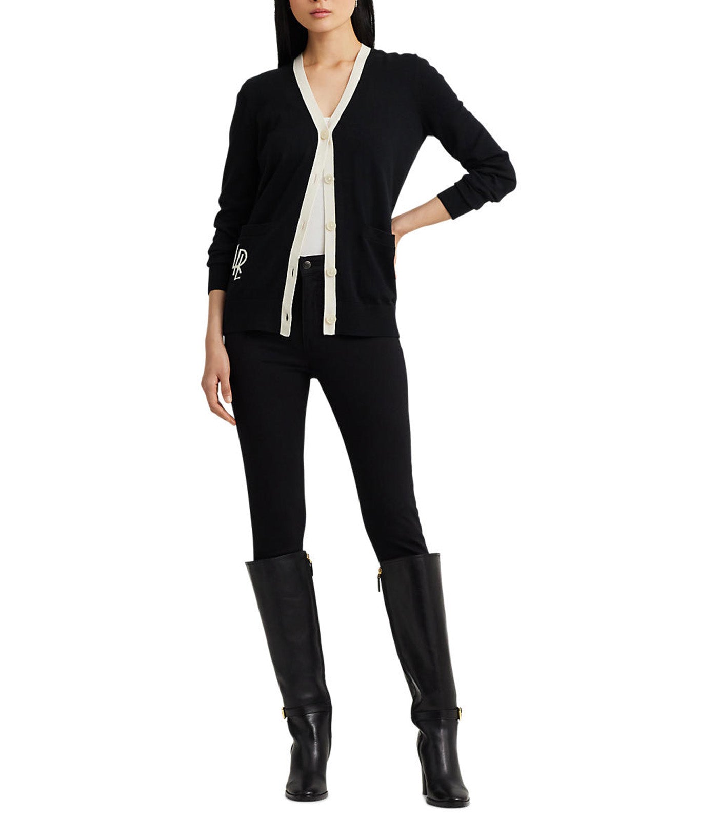 Women's Two-Tone Cotton-Blend Cardigan Black/Mascarpone Cream