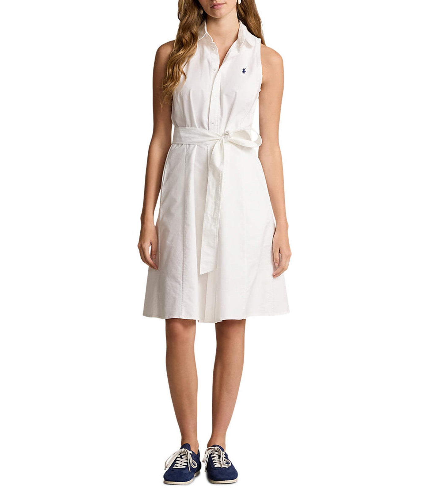 Women's Belted Sleeveless Oxford Shirtdress White