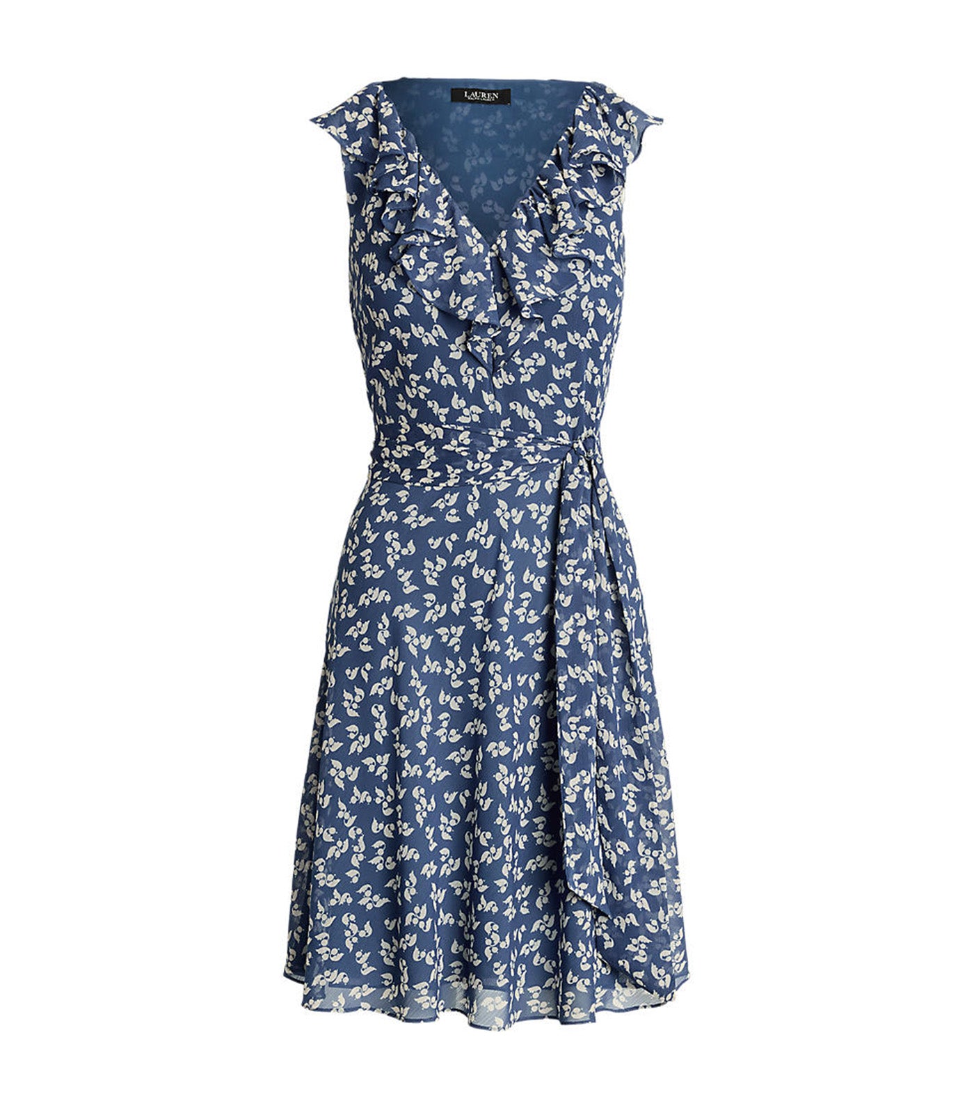 Women's Floral Ruffle-Trim Georgette Dress Blue/Cream