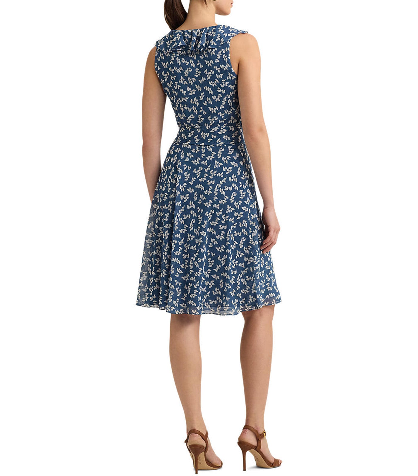 Women's Floral Ruffle-Trim Georgette Dress Blue/Cream