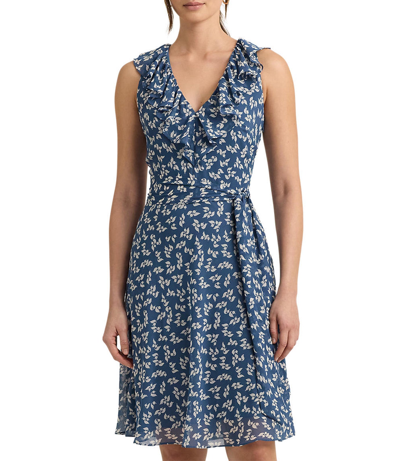 Women's Floral Ruffle-Trim Georgette Dress Blue/Cream