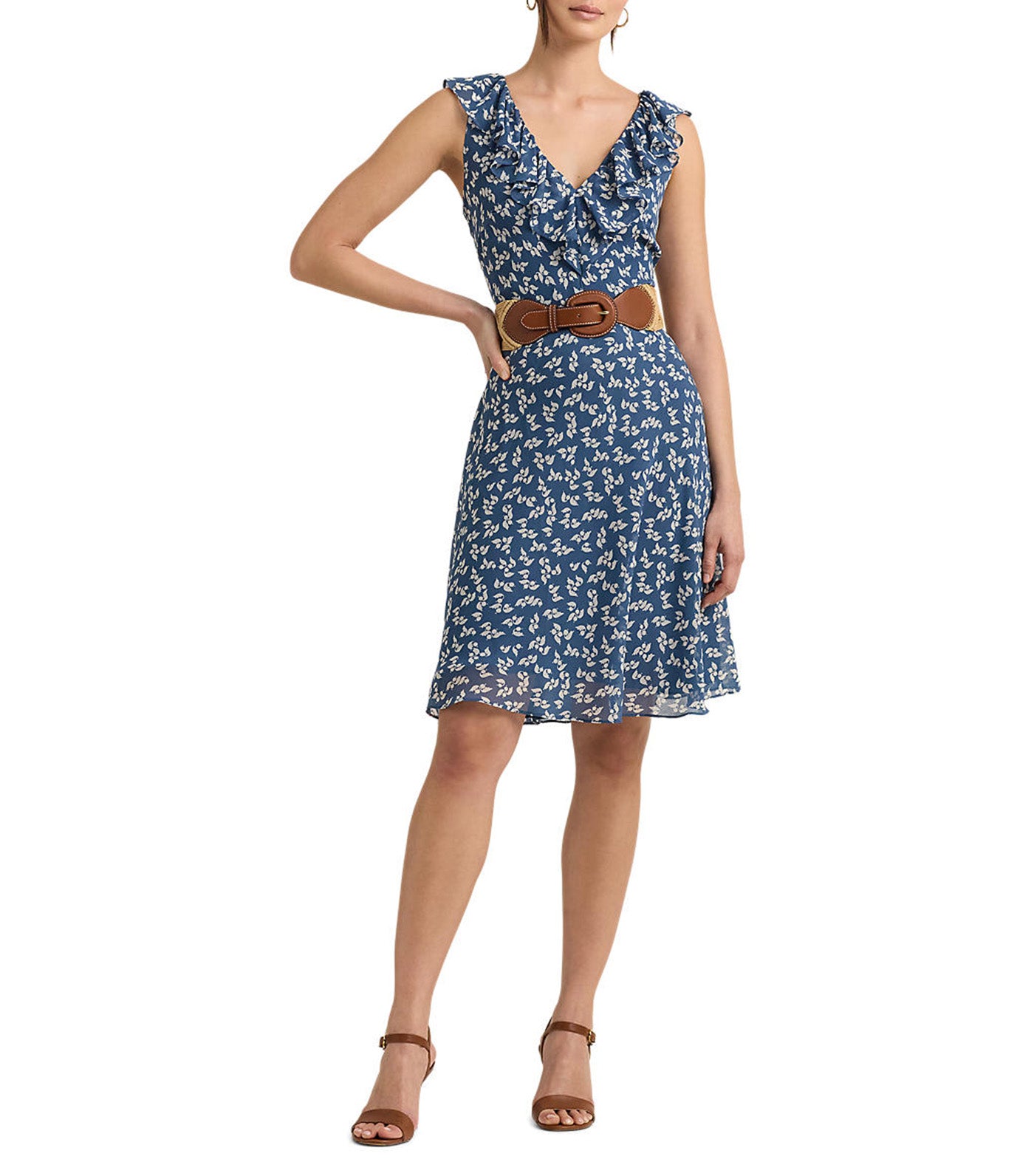 Women's Floral Ruffle-Trim Georgette Dress Blue/Cream