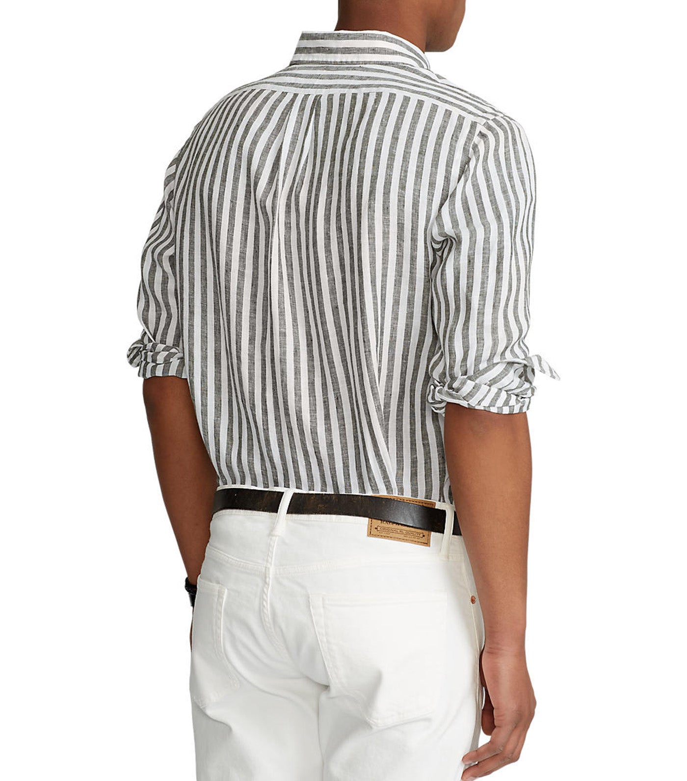 Men's Custom Fit Striped Linen Shirt Olive/White