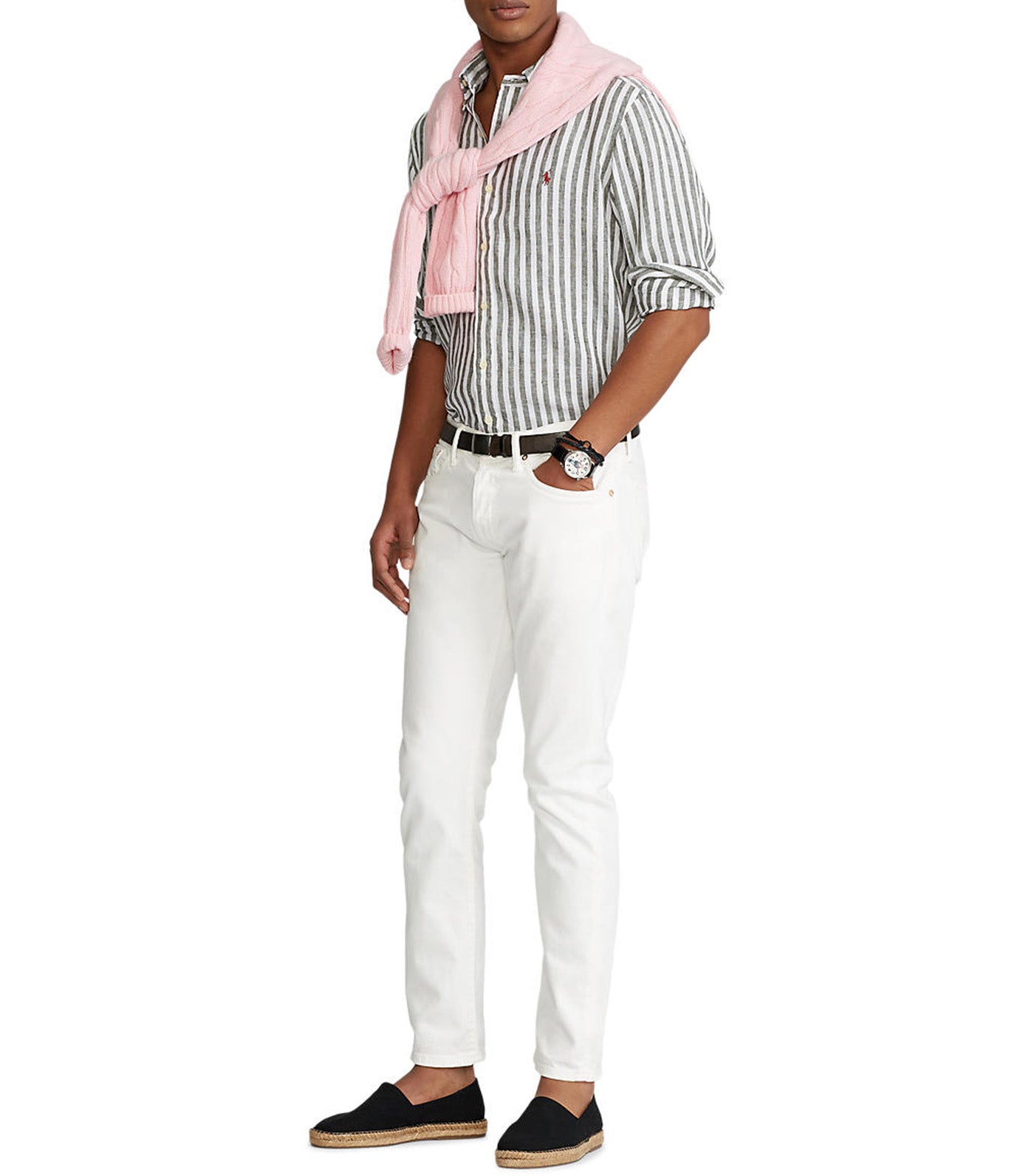 Men's Custom Fit Striped Linen Shirt Olive/White