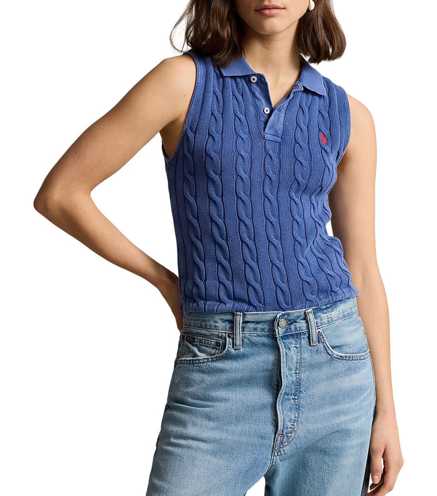 Women's Cable-Knit Cropped Polo Shirt Blue Yacht