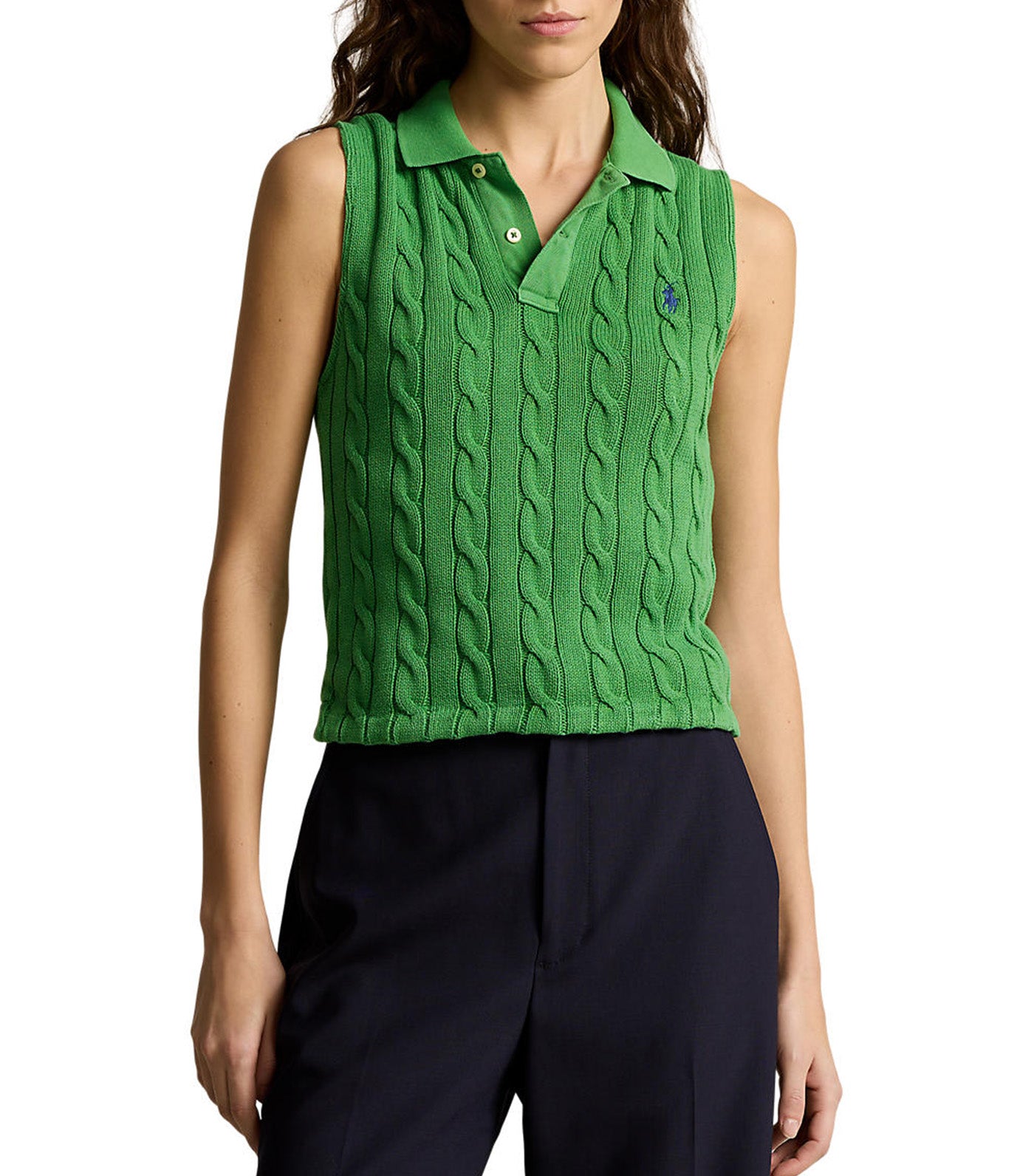 Women's Cable-Knit Cropped Polo Shirt Fiji Green