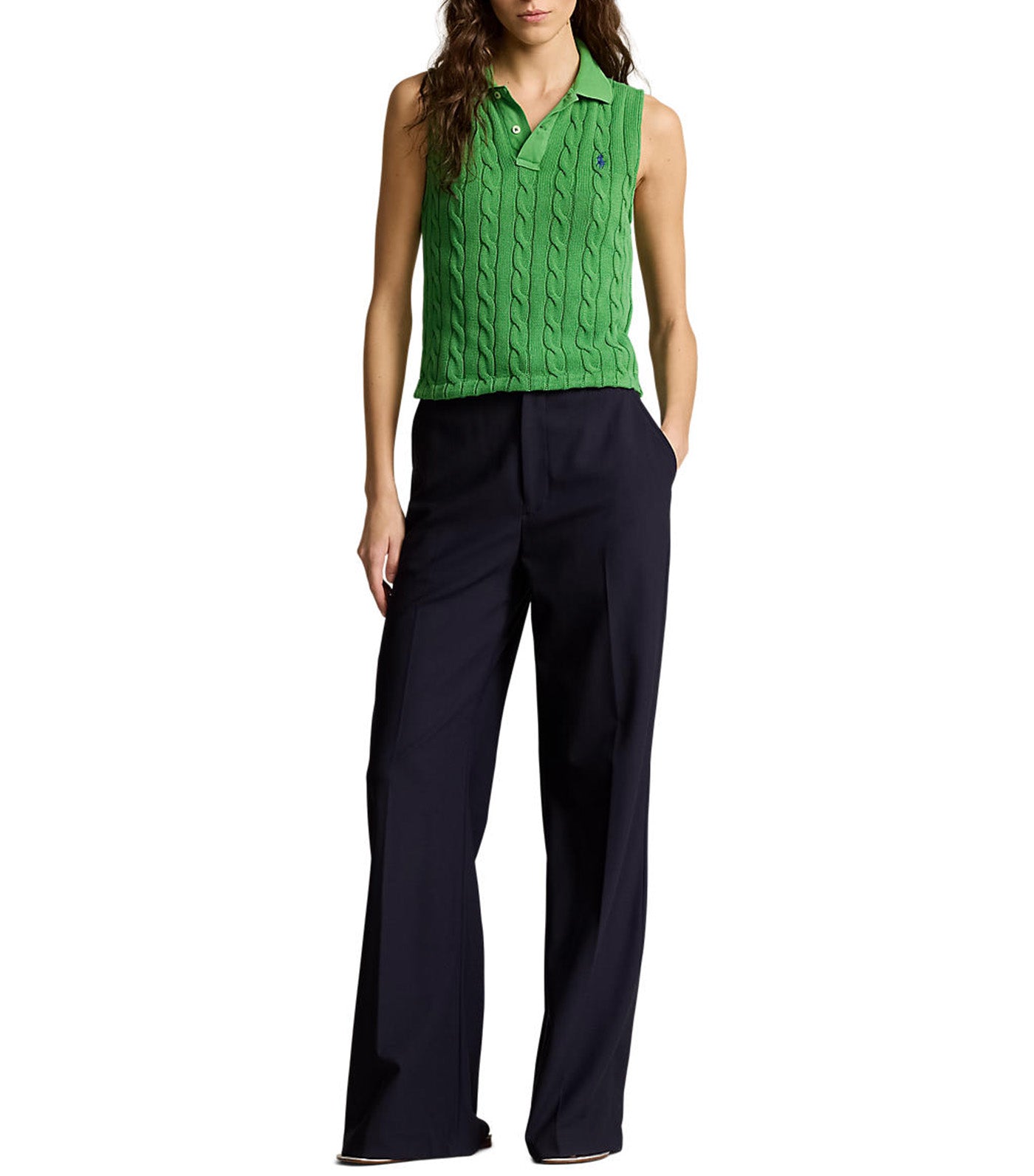 Women's Cable-Knit Cropped Polo Shirt Fiji Green