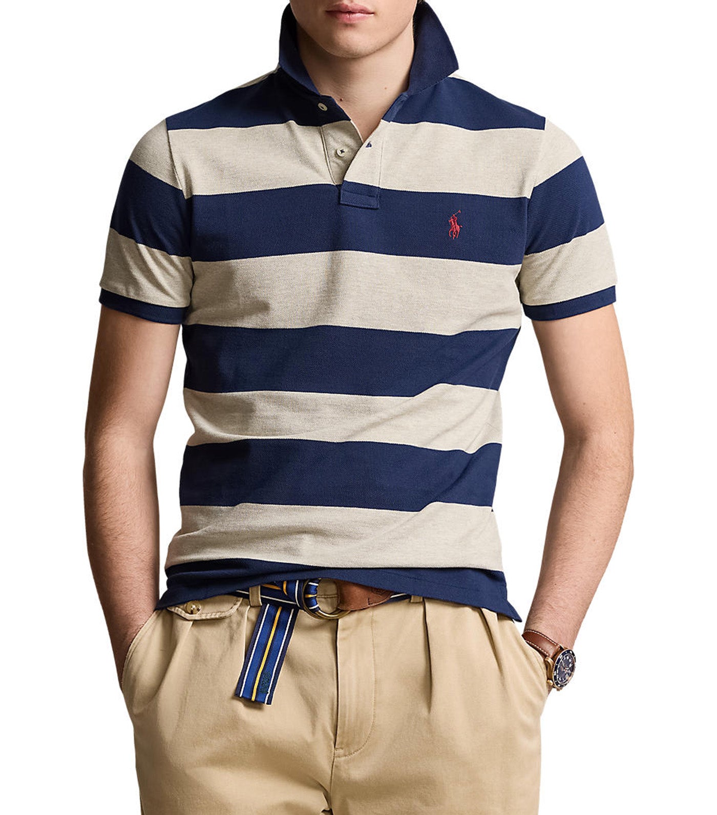 Men's Rugby Stirped Polo Shirt Light Vintage Hthr/Spring Navy