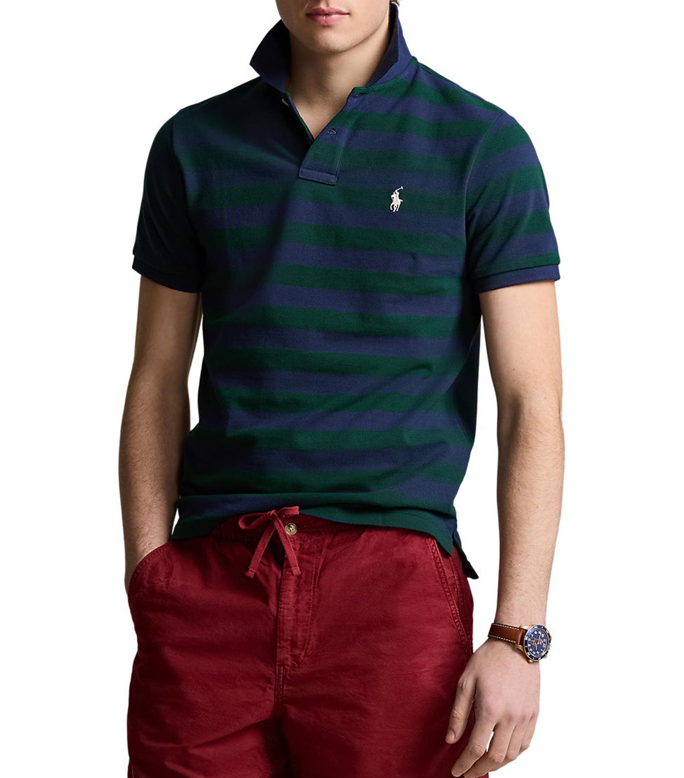 Men's Custom Slim Fit Striped Mesh Polo Moss Agate/Spring Navy