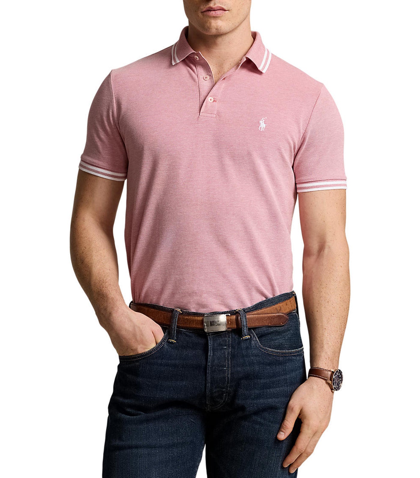 Men's Custom Slim Fit Stretch Mesh Polo Shirt Adirondack Berry/White