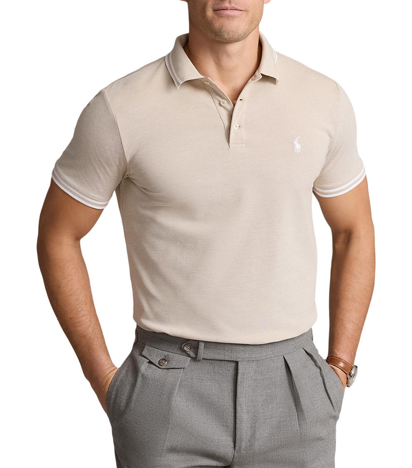 Men's Custom Slim Fit Stretch Mesh Polo Shirt Coastal Beige/White