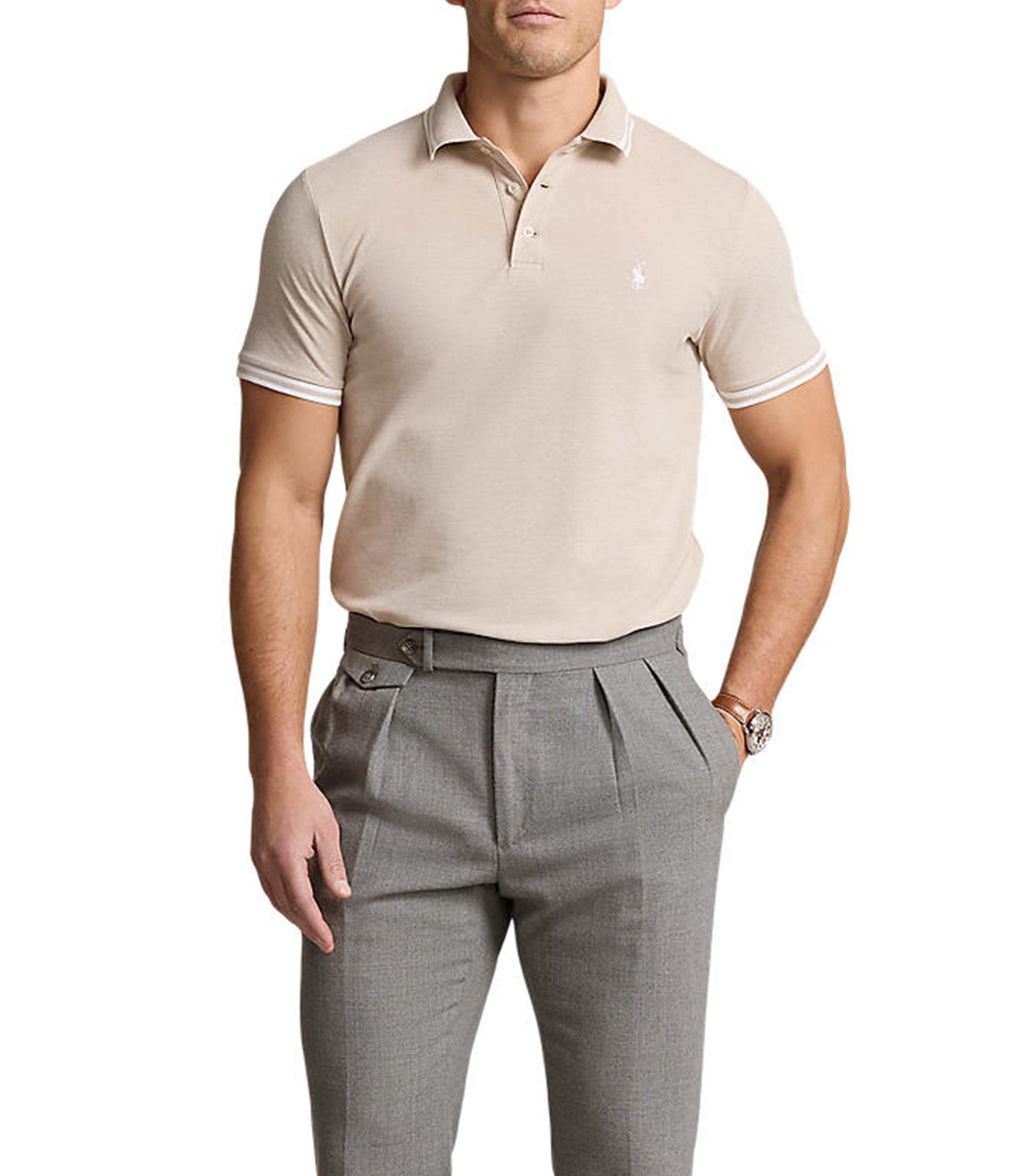 Men's Custom Slim Fit Stretch Mesh Polo Shirt Coastal Beige/White