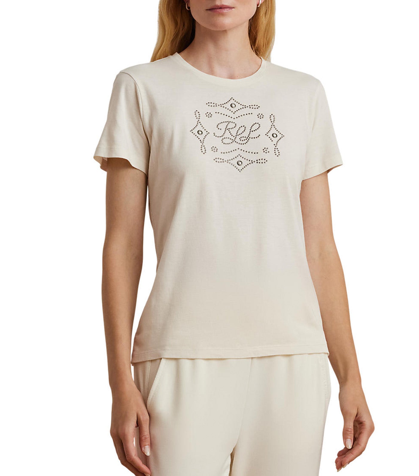 Lauren Studded-Logo Cotton-Blend Jersey Tee Mascarpone Cream