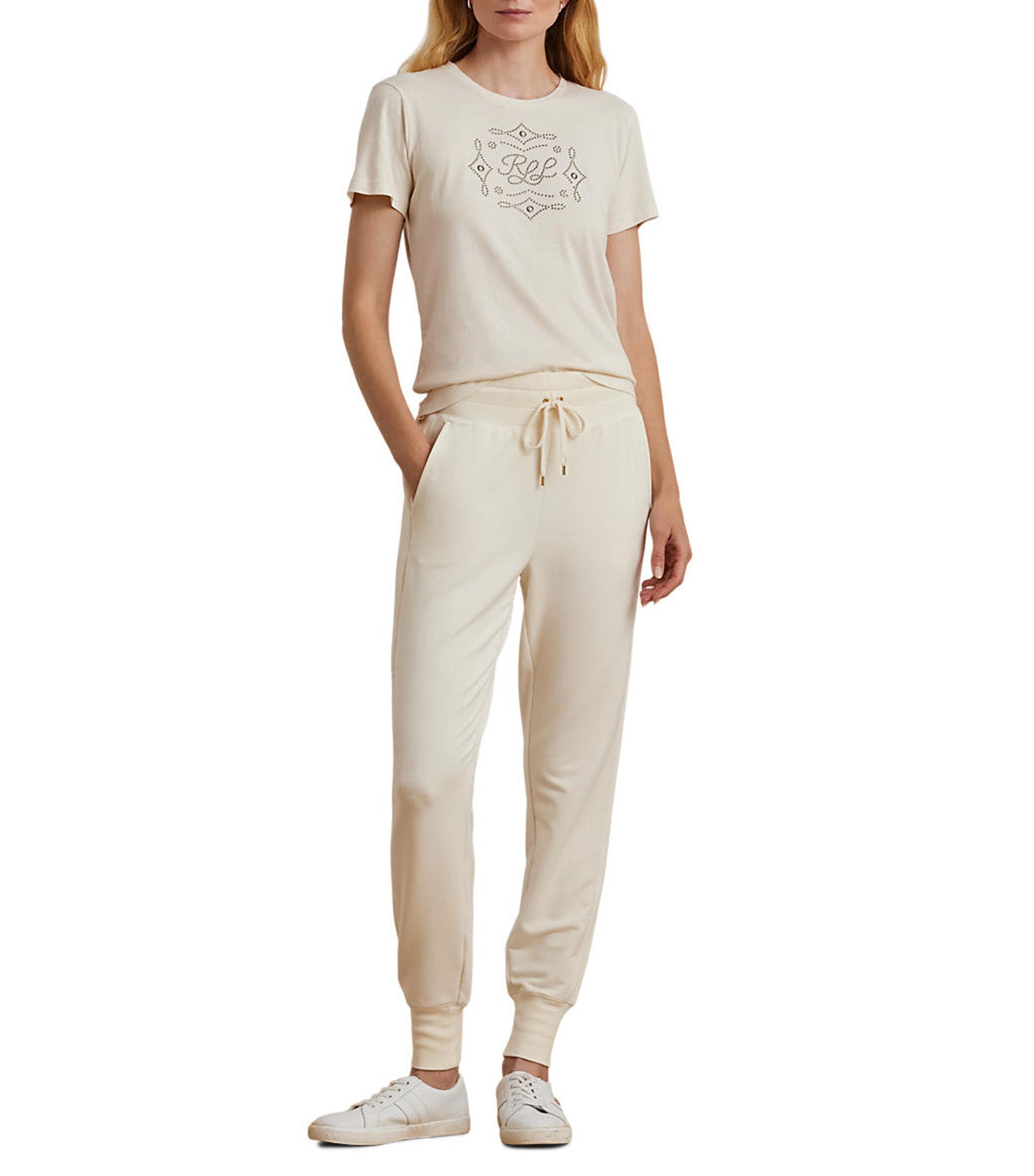 Lauren Studded-Logo Cotton-Blend Jersey Tee Mascarpone Cream