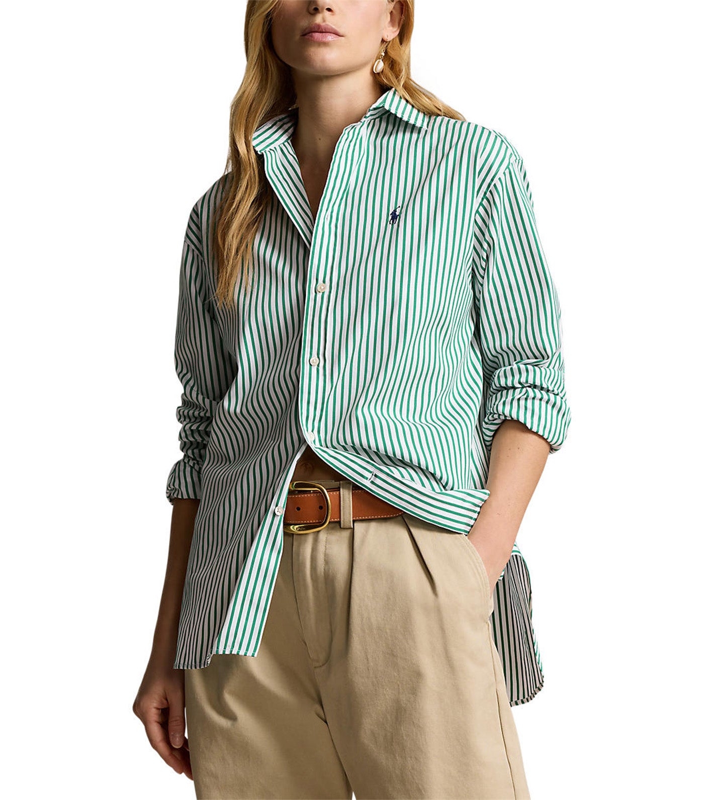 Women's Relaxed Fit Striped Cotton Shirt White/Bay Green