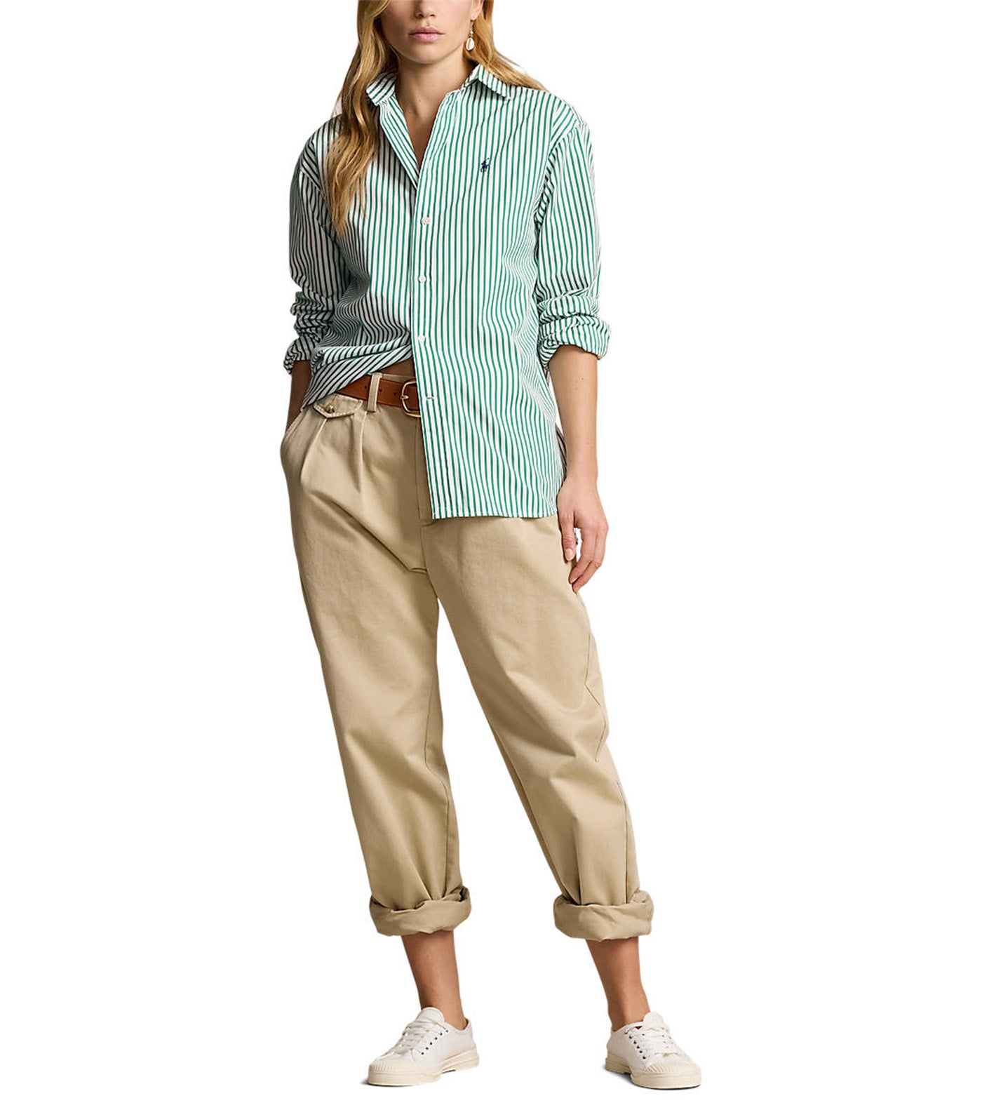 Women's Relaxed Fit Striped Cotton Shirt White/Bay Green