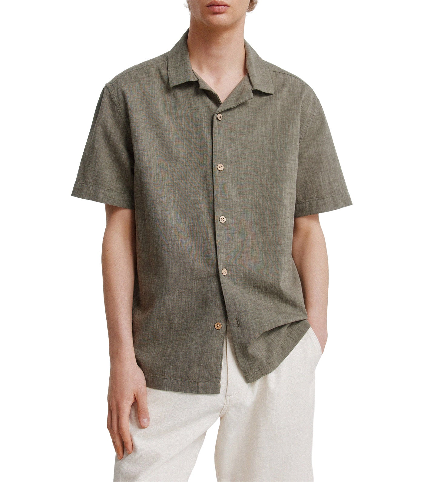 Linen-Type Short-Sleeved Bowling Shirt Medium Khaki