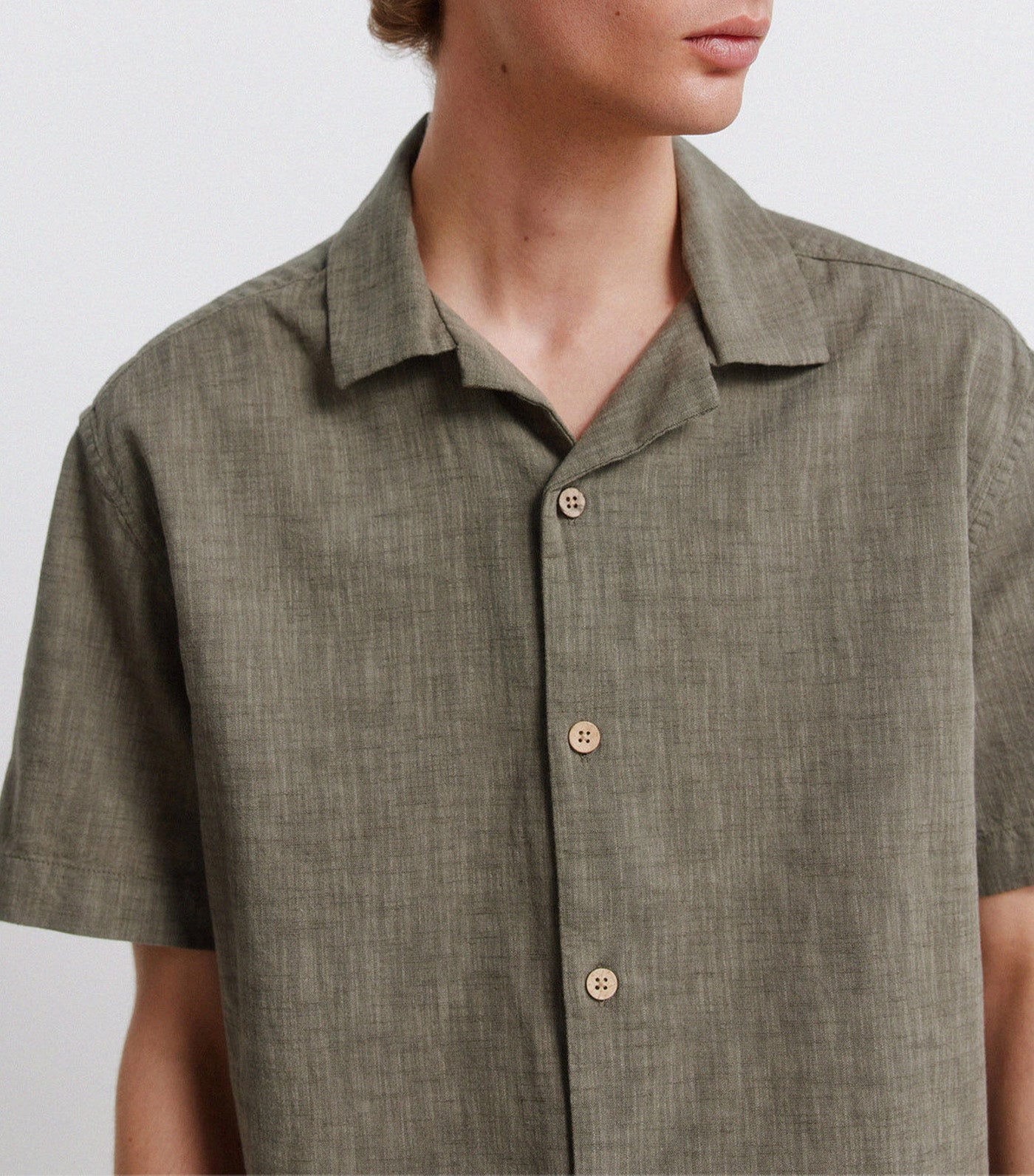 Linen-Type Short-Sleeved Bowling Shirt Medium Khaki