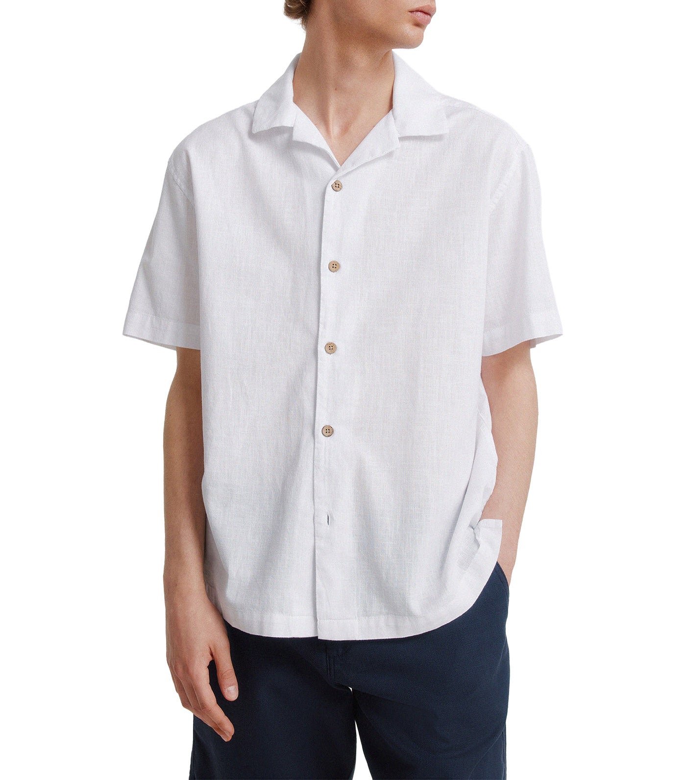 Linen-Type Short-Sleeved Bowling Shirt White