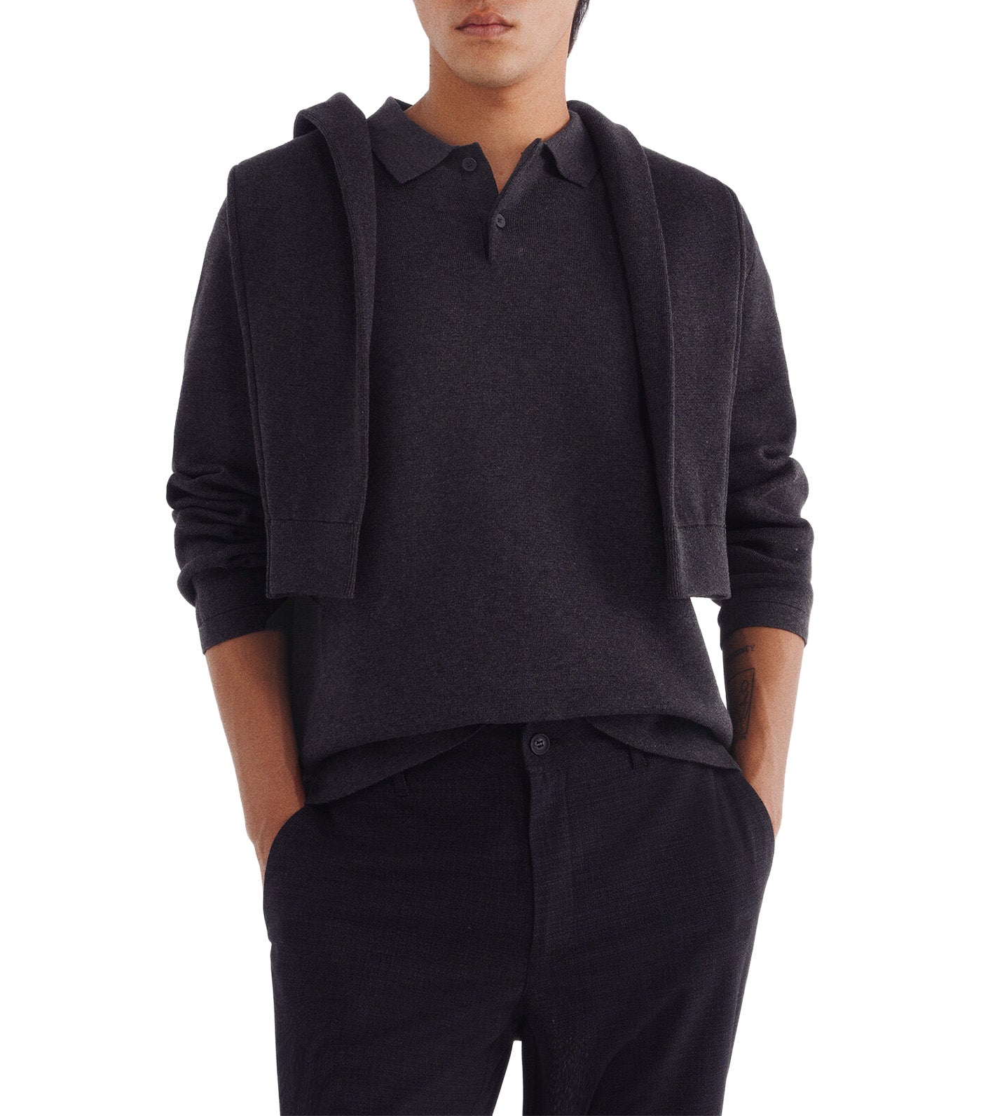 Polo Shirt Neck Sweater with Buttons Dark Gray