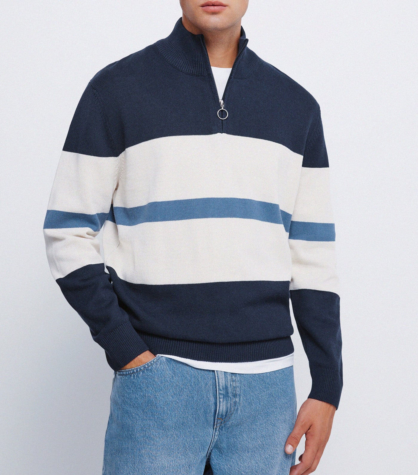 Color Block Zip Fastening Jersey Navy