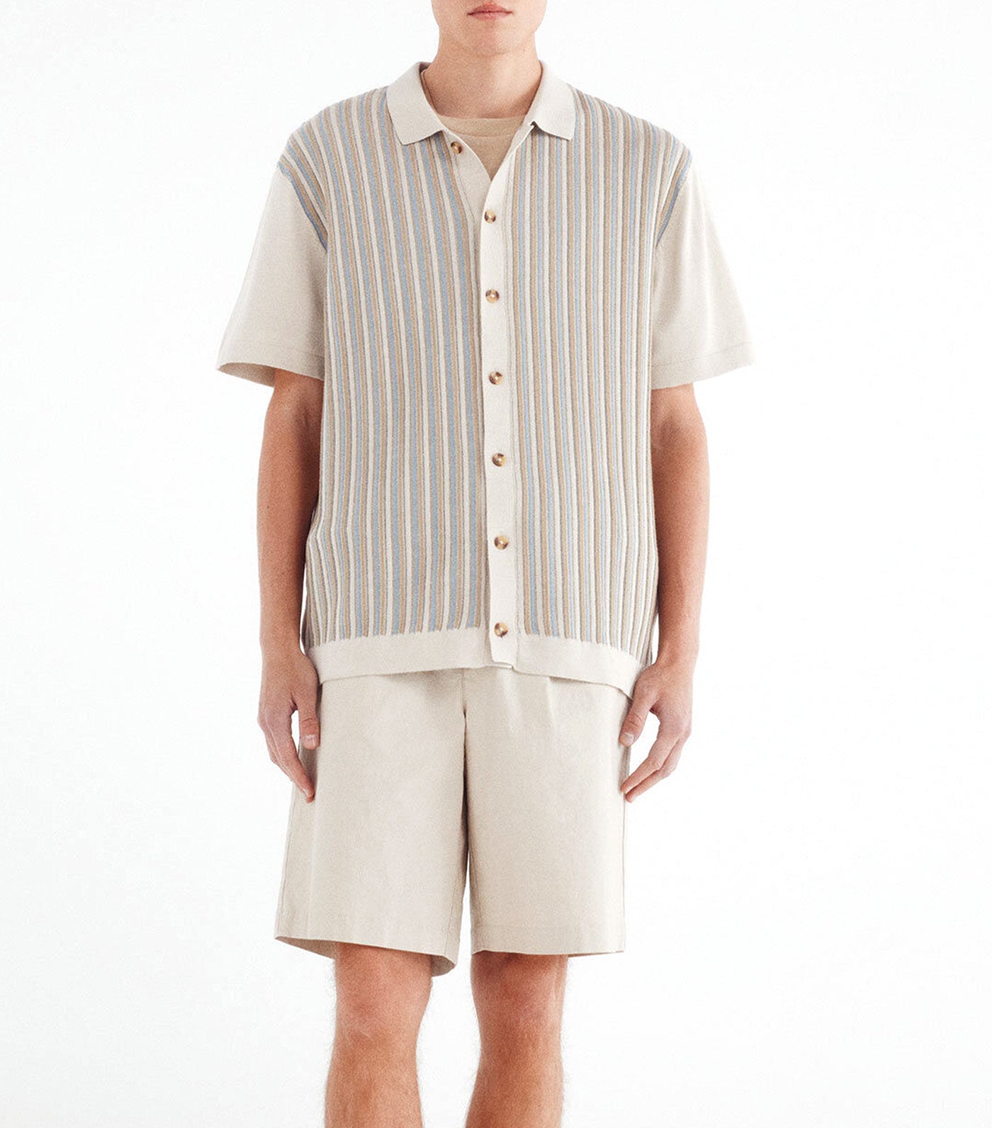Short-Sleeved Cardigan with Vertical Stripes Beige