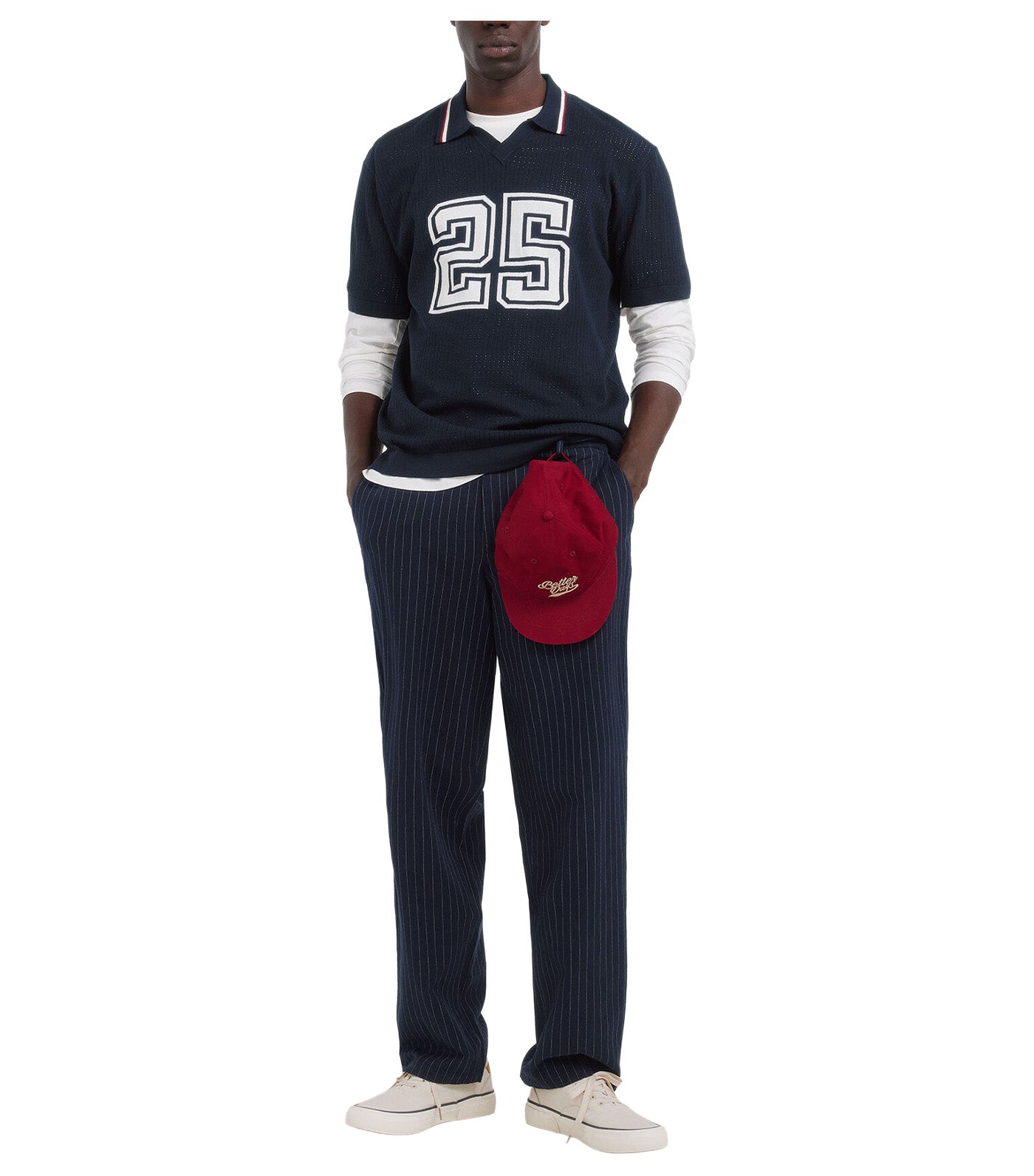 Striped Linen Straight Fit Chinos Dark Blue