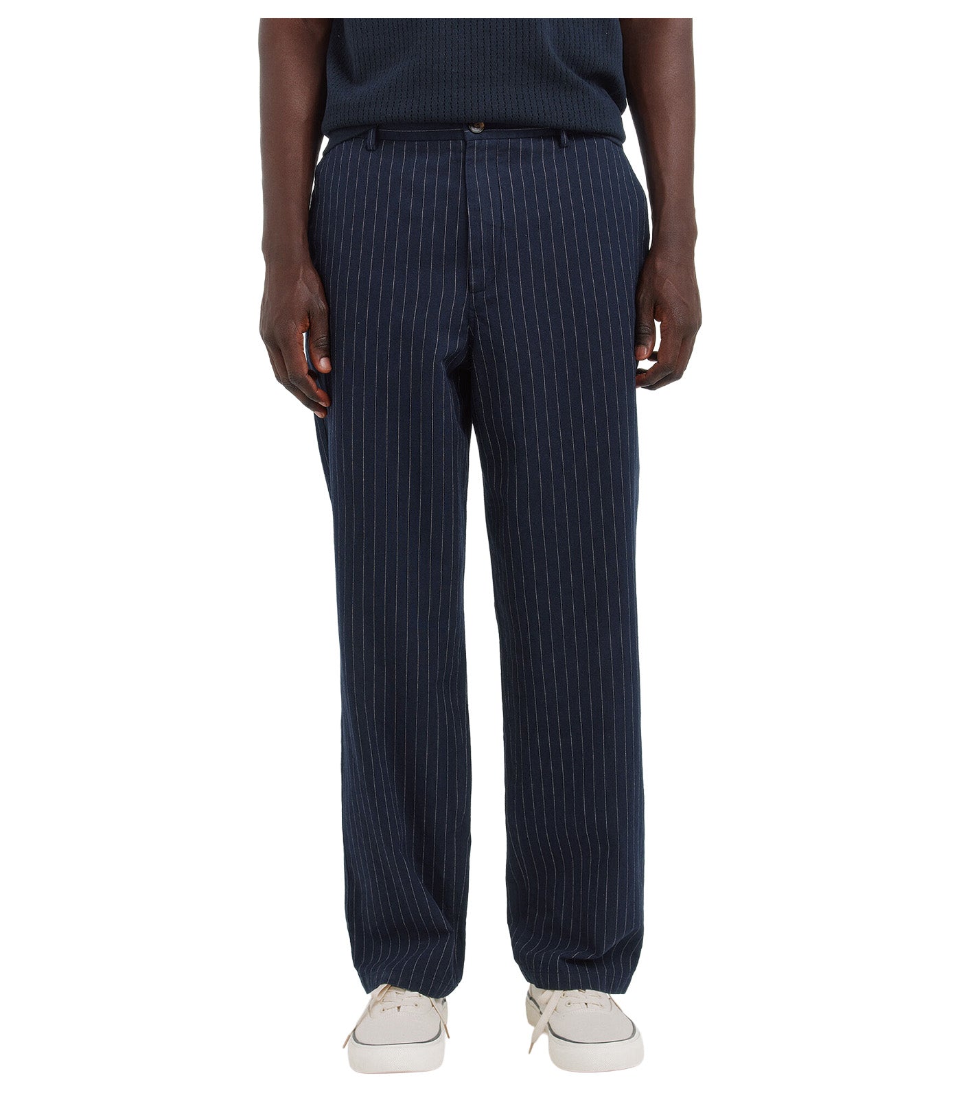 Striped Linen Straight Fit Chinos Dark Blue