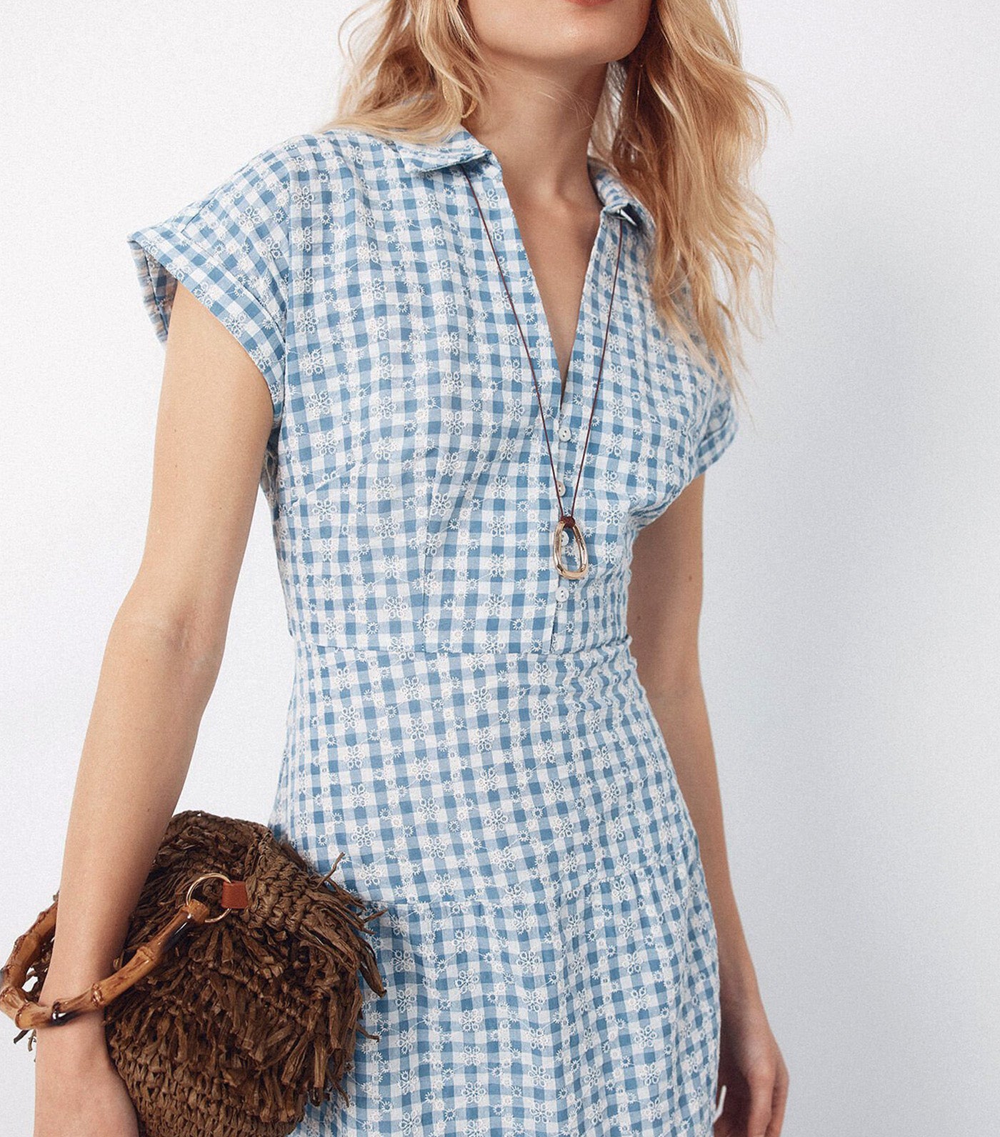 Embroidered Gingham Dress Blue Print
