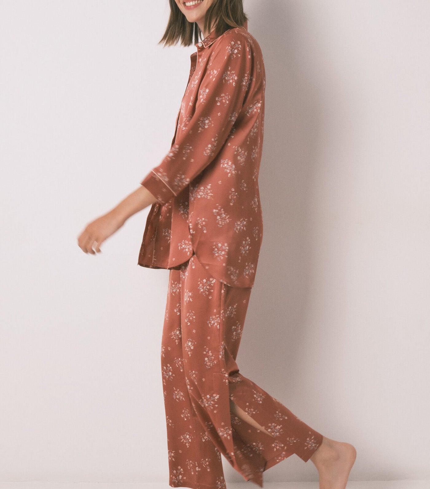 Long Satin Pajama Shirt Brown