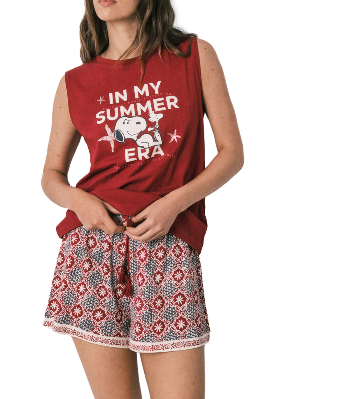 Snoopy Cotton Sleeveless Short Pajamas Red