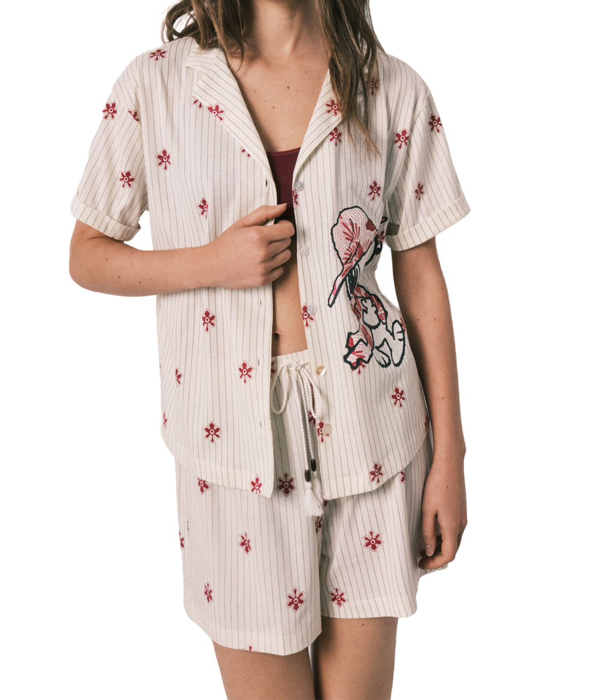 Striped Short Pajamas Snoopy Ivory