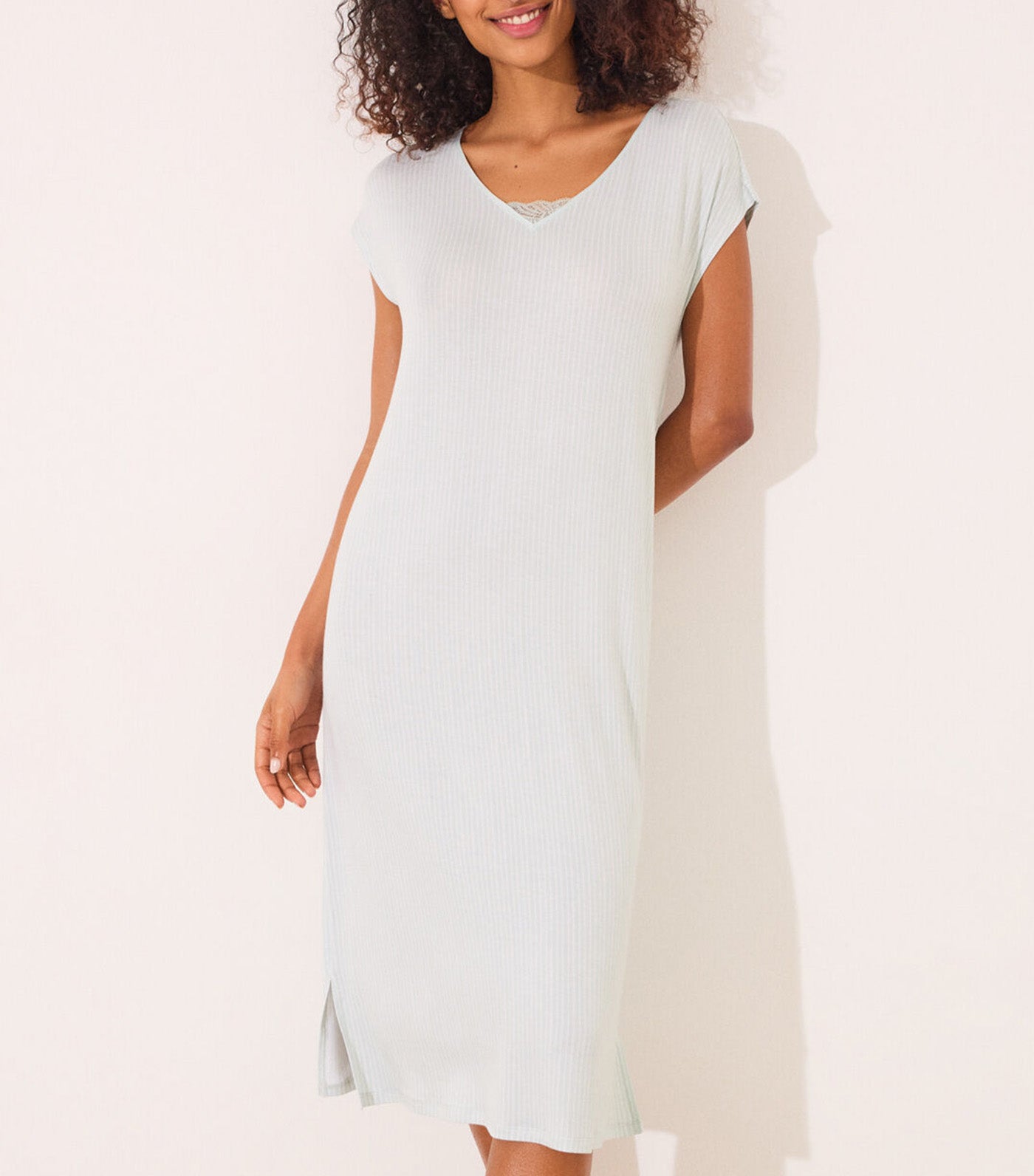 Striped Striped Viscose Midi Nightgown Green
