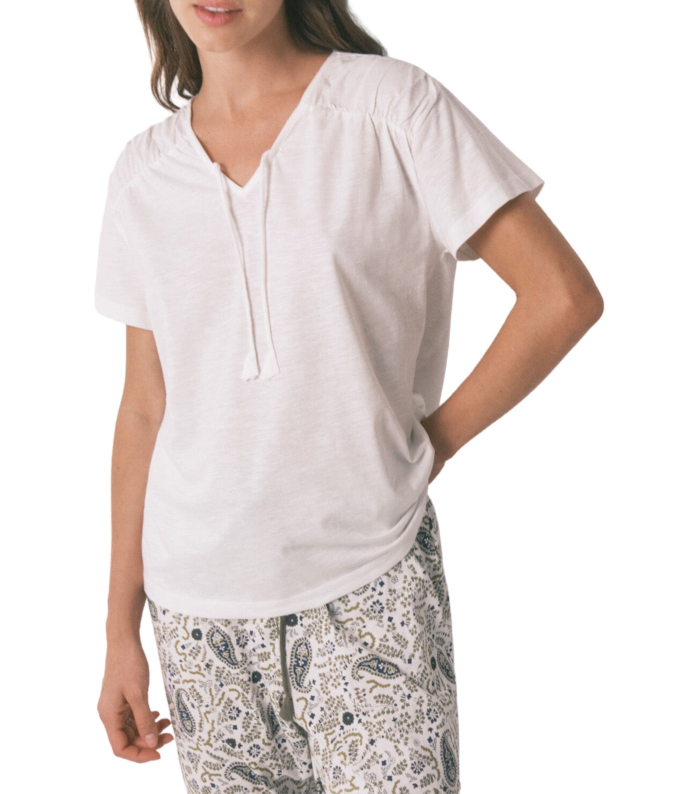 Cotton Ruched Short Sleeve T-Shirt Ivory
