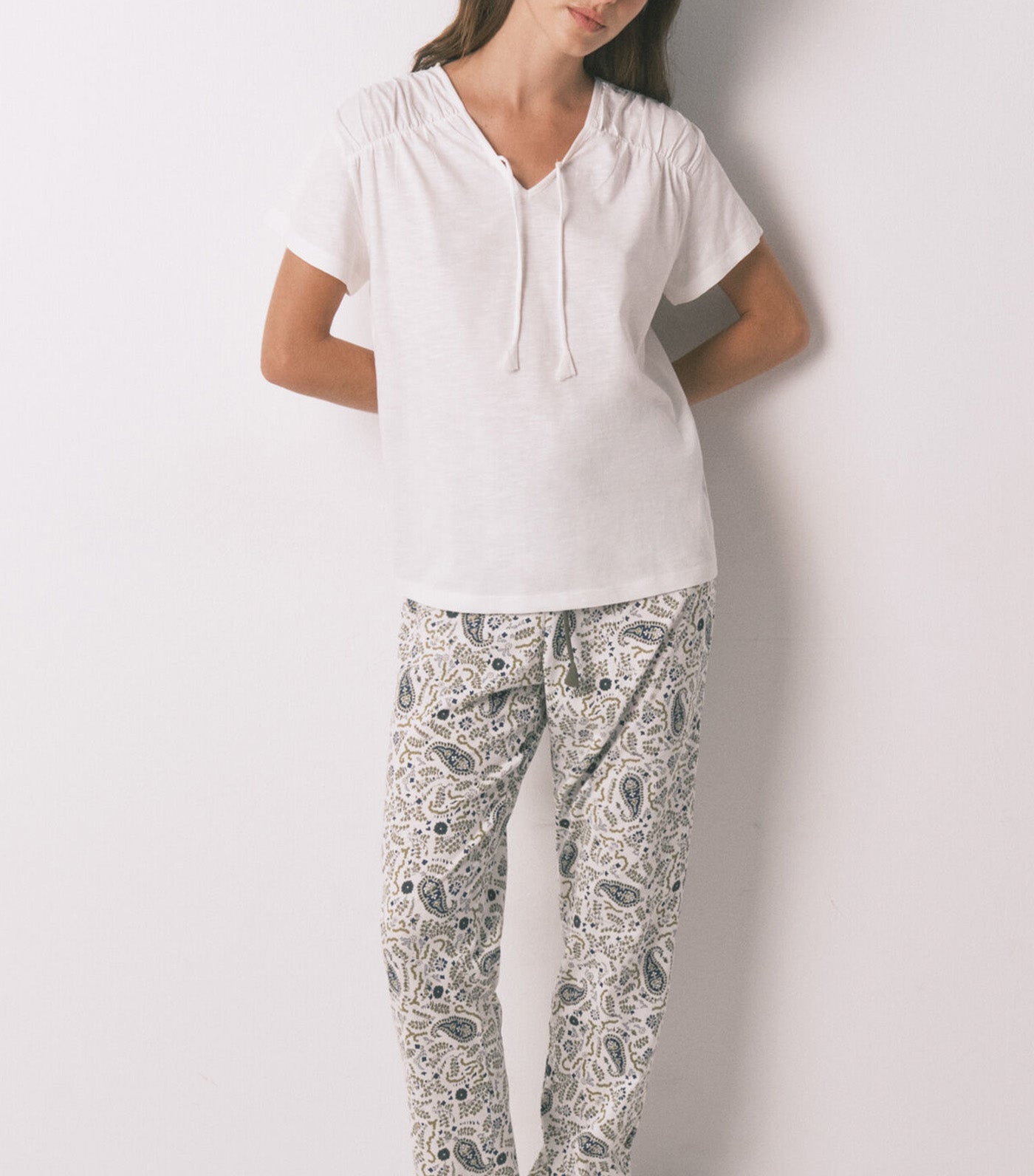 Cotton Ruched Short Sleeve T-Shirt Ivory