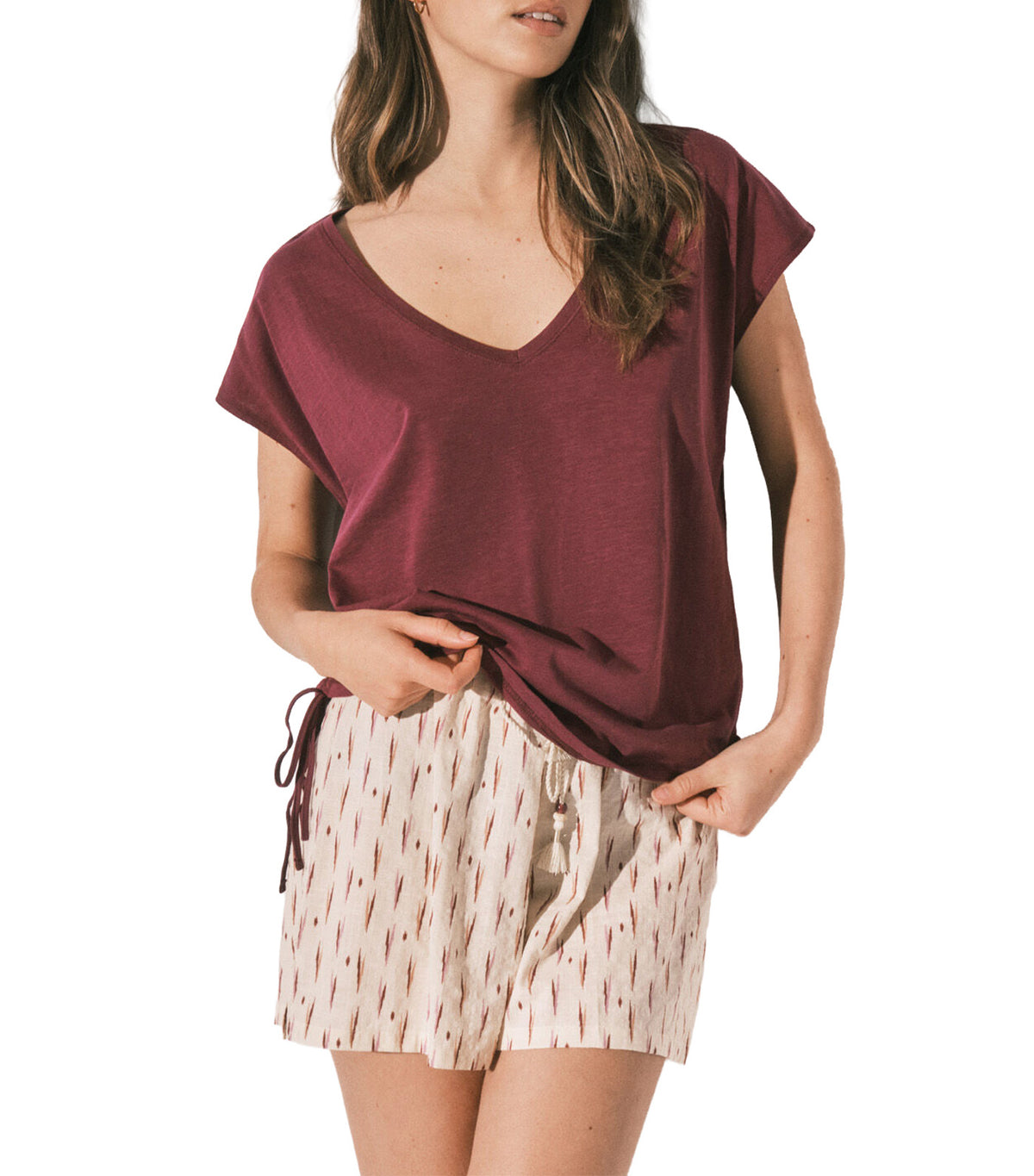 Cotton Ruched T-Shirt Wine