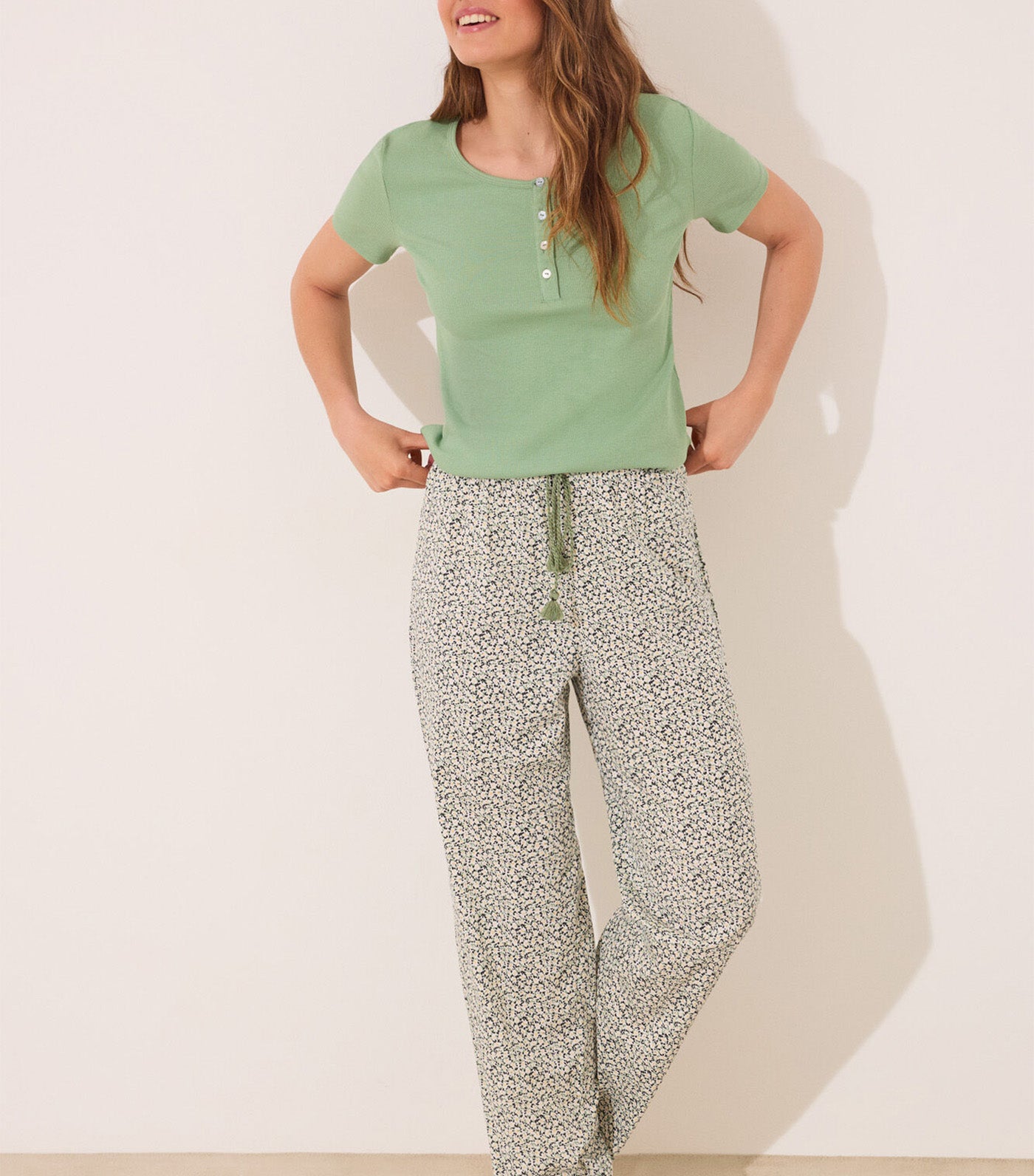 Long Ribbed Cotton Pajamas Green