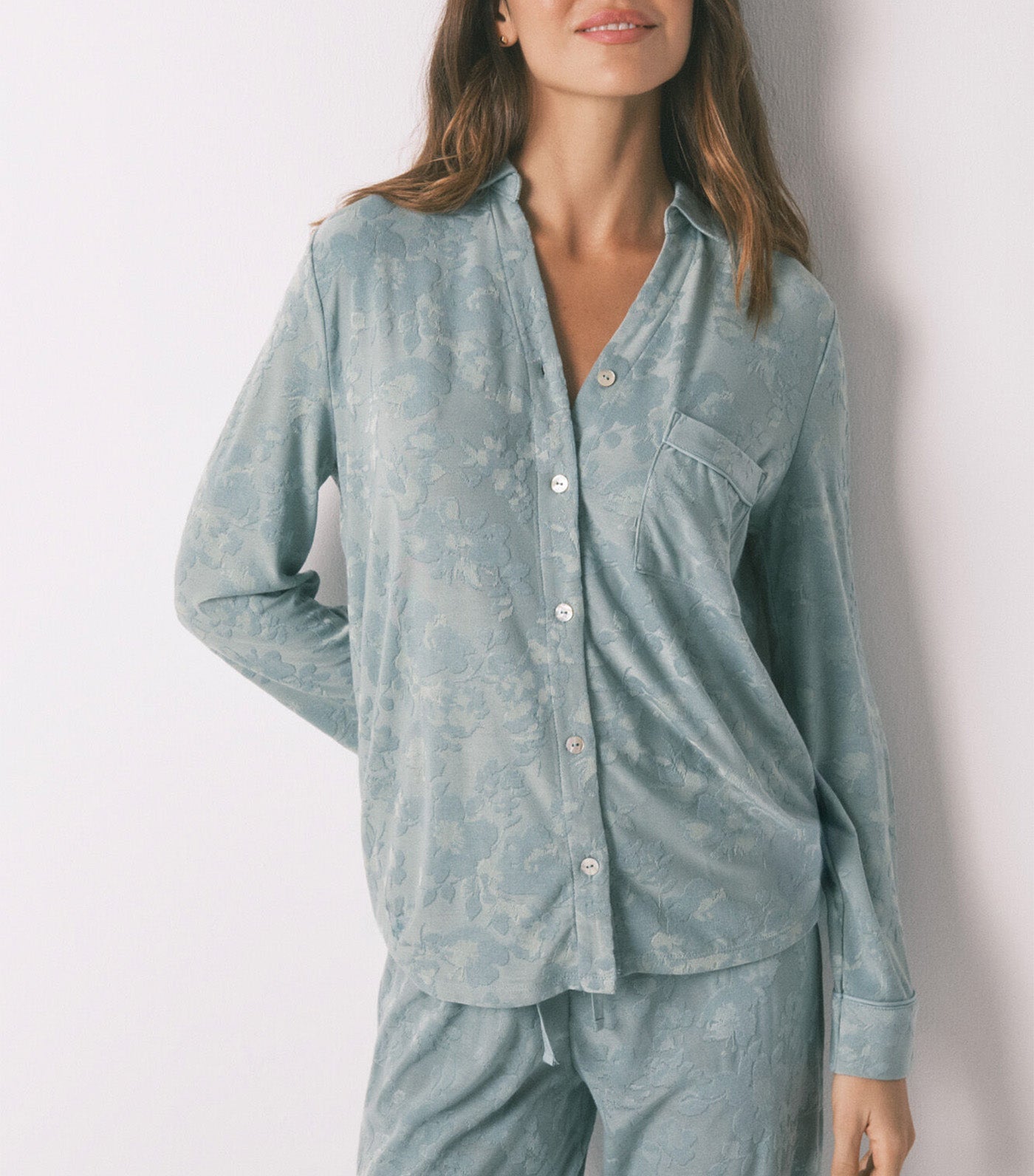 Long Floral Jacquard Classic Pyjamas Green